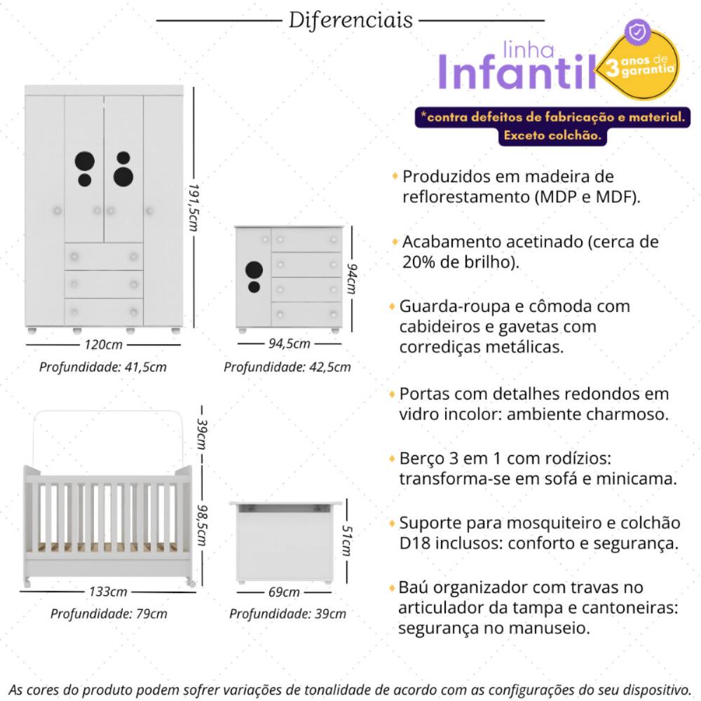 Quarto Infantil Completo com Berço Americano 3 em 1 com Colchão Incluso Multimóveis MP4346 Branco
