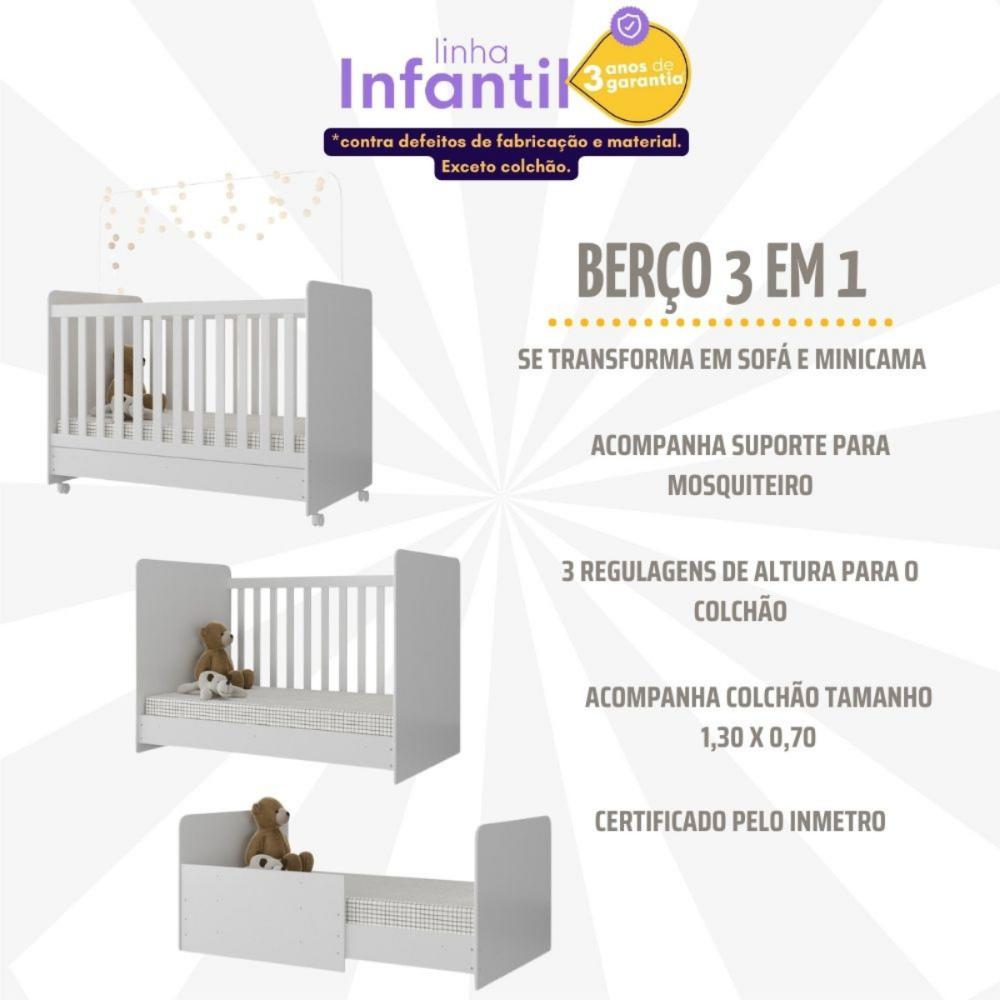 Quarto Infantil Completo com Berço Americano 3 em 1 com Colchão Incluso Multimóveis MP4346 Branco