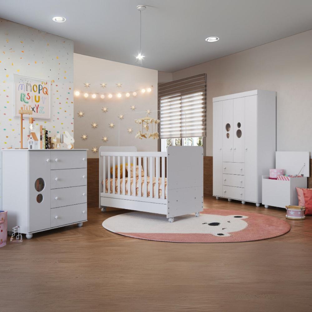 Quarto Infantil Completo com Berço Americano 3 em 1 com Colchão Incluso Multimóveis MP4361 Branco