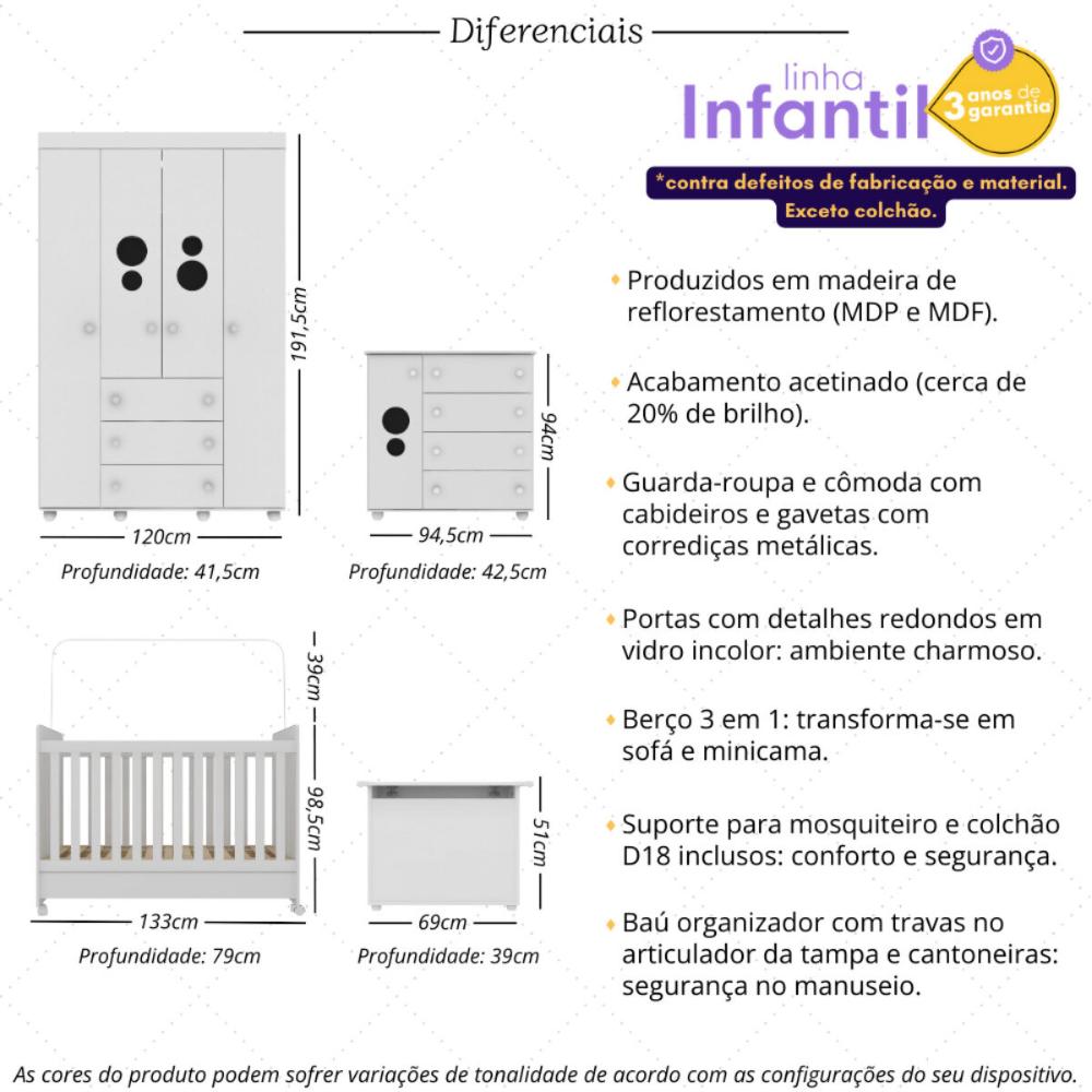 Quarto Infantil Completo com Berço Americano 3 em 1 com Colchão Incluso Multimóveis MP4361 Branco