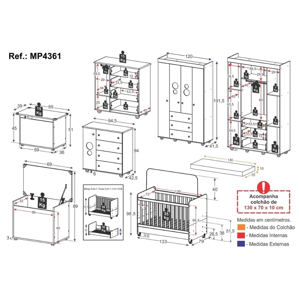 Quarto Infantil Completo com Berço Americano 3 em 1 com Colchão Incluso Multimóveis MP4361 Branco