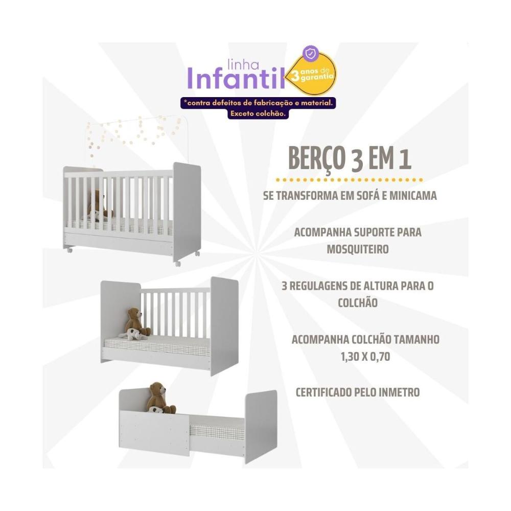 Quarto Infantil Completo com Berço Americano 3 em 1 com Colchão Incluso Multimóveis MP4361 Branco