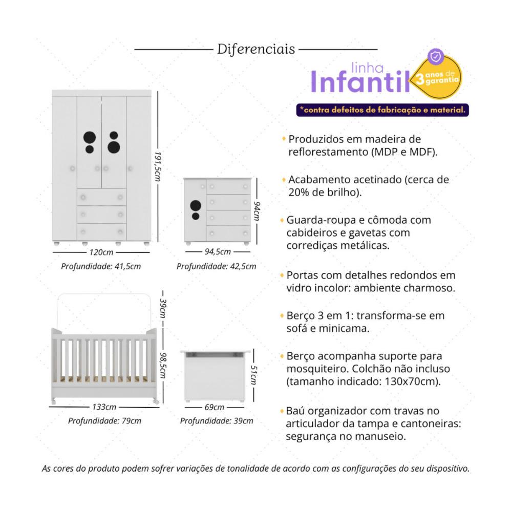 Quarto Infantil Completo com Berço Americano 3 em 1 para Colchão 130x70cm Multimóveis MP4345 Branco