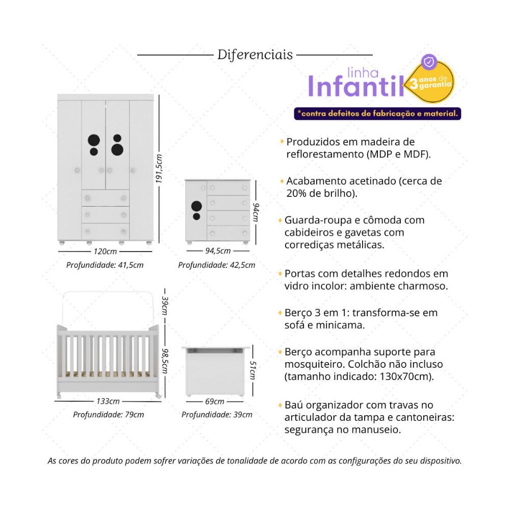 Quarto Infantil Completo com Berço Americano 3 em 1 para Colchão 130x70cm Multimóveis MP4360 Branco