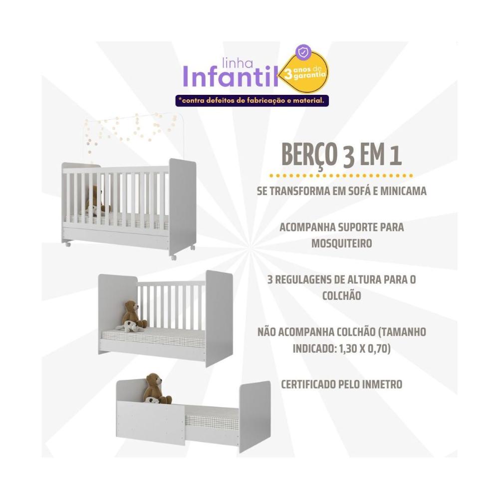 Quarto Infantil Completo com Berço Americano 3 em 1 para Colchão 130x70cm Multimóveis MP4360 Branco