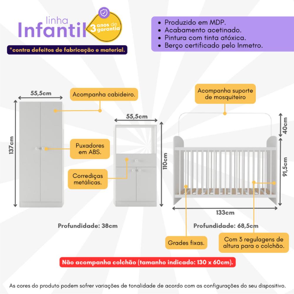 Quarto Infantil Completo com Berço Guarda-Roupa e Cômoda Multimóveis MP4358 Branco