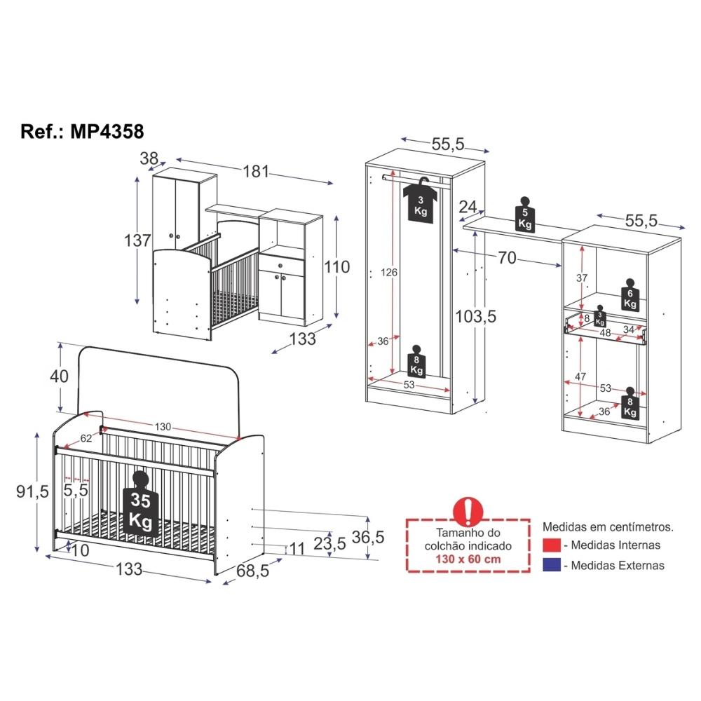Quarto Infantil Completo com Berço Guarda-Roupa e Cômoda Multimóveis MP4358 Branco