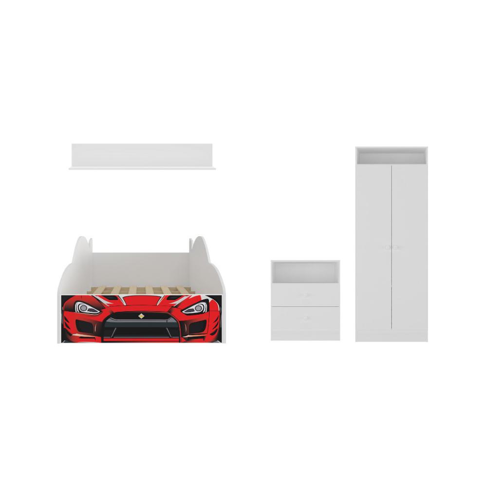 Quarto Infantil Completo com Cama Carro para Colchão 88x188cm Multimóveis MP4340 Branco/Vermelho