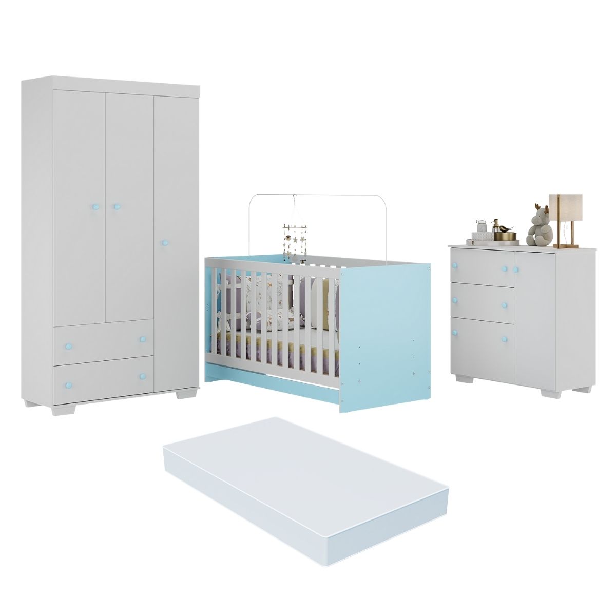 Quarto Infantil Completo com Colchão Incluso Algodão Doce Multimóveis MP4253 Branco/Azul