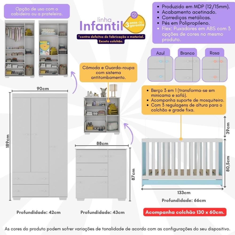 Quarto Infantil Completo com Colchão Incluso Algodão Doce Multimóveis MP4253 Branco/Azul