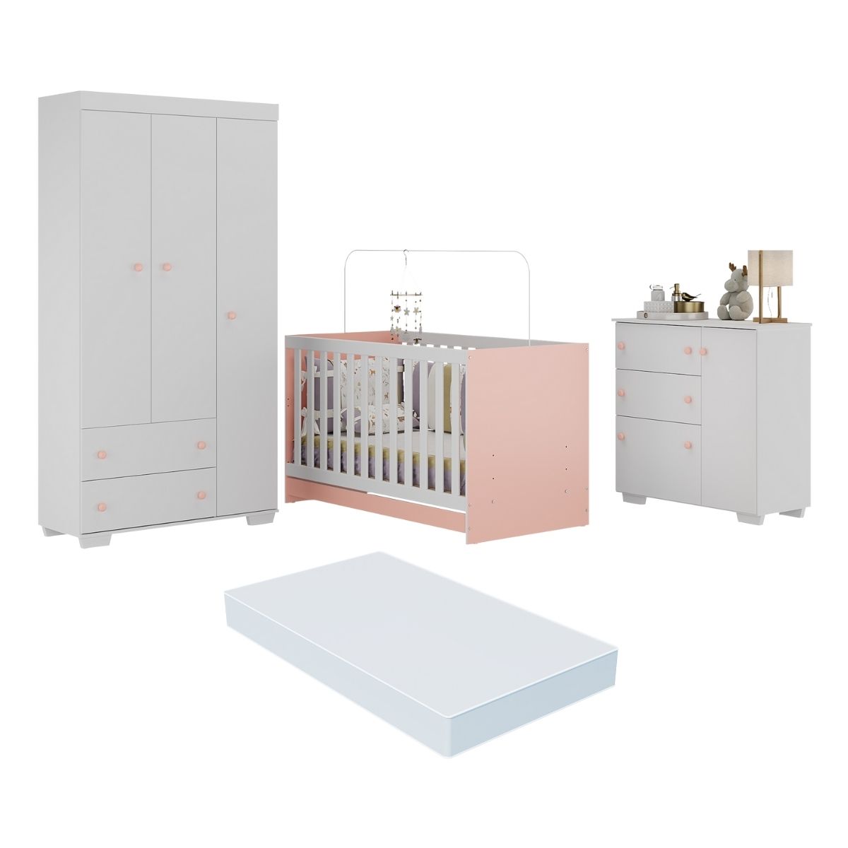 Quarto Infantil Completo com Colchão Incluso Algodão Doce Multimóveis MP4253 Branco/Rosa