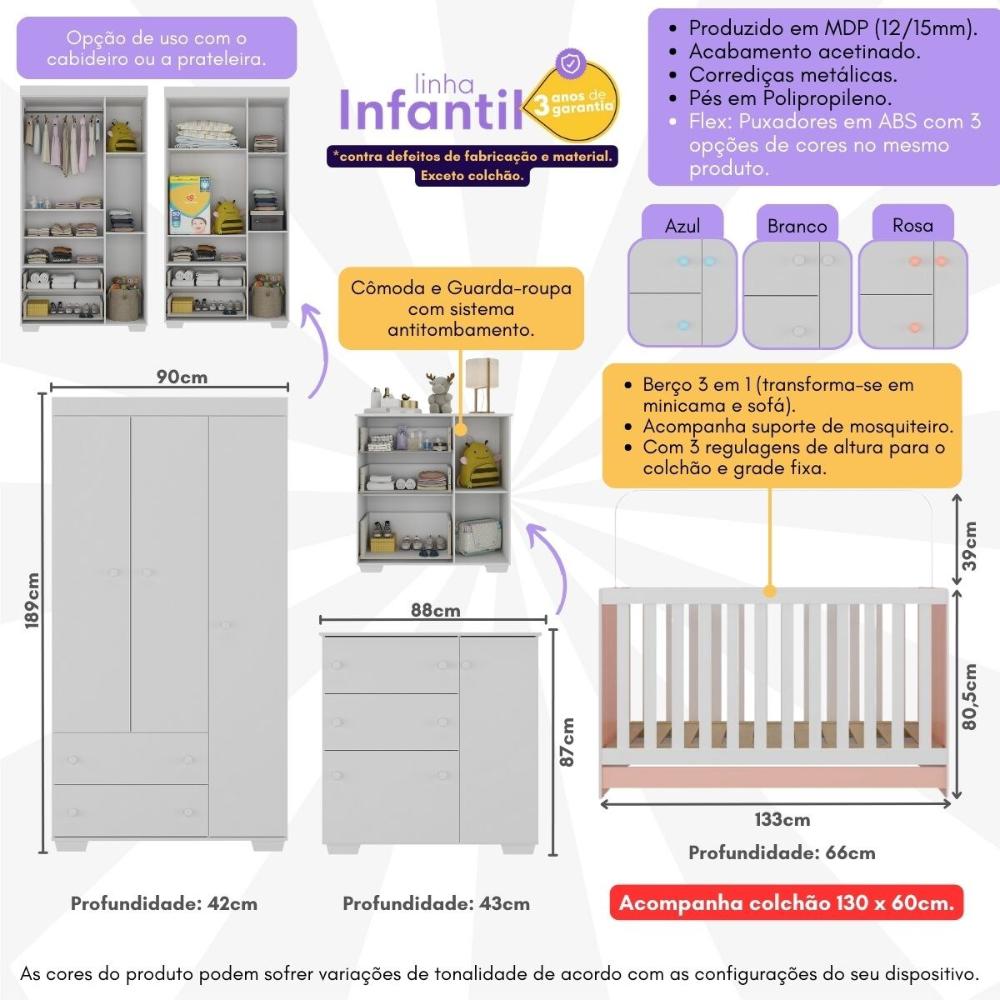 Quarto Infantil Completo com Colchão Incluso Algodão Doce Multimóveis MP4253 Branco/Rosa
