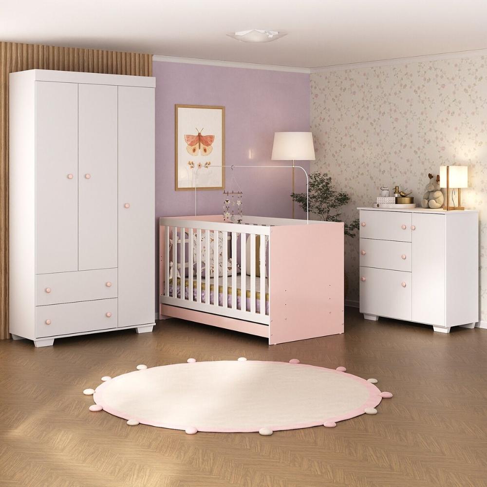 Quarto Infantil Completo com Colchão Incluso Algodão Doce Multimóveis MP4253 Branco/Rosa
