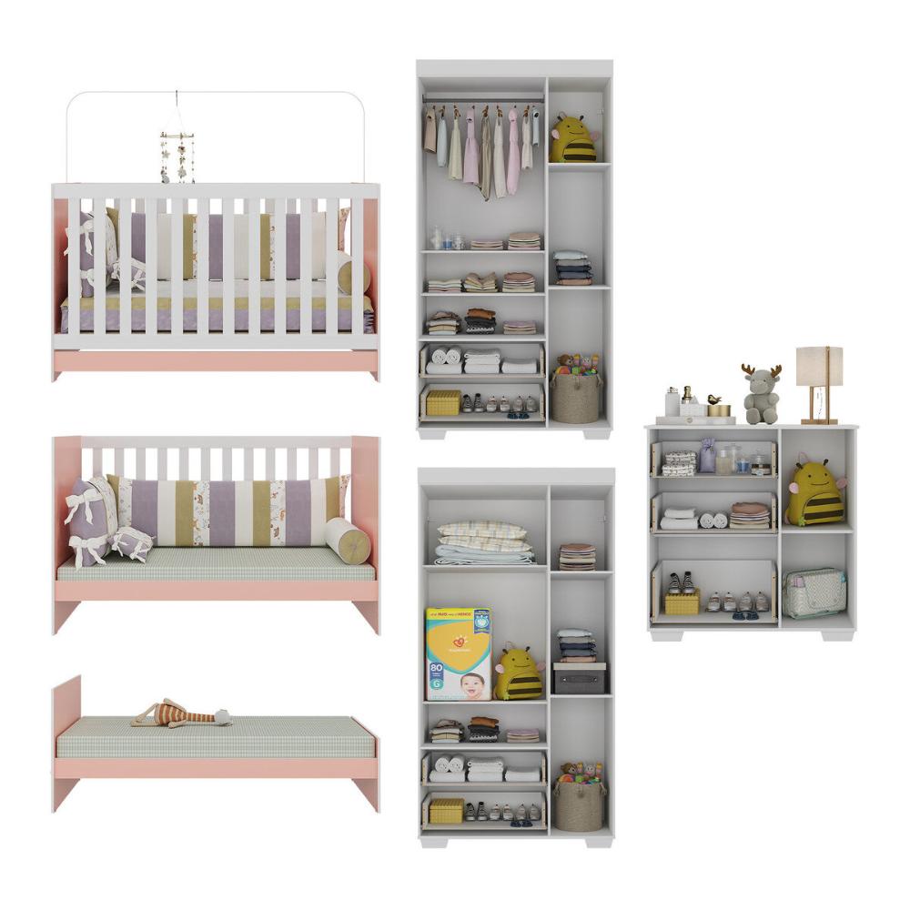 Quarto Infantil Completo com Colchão Incluso Algodão Doce Multimóveis MP4253 Branco/Rosa