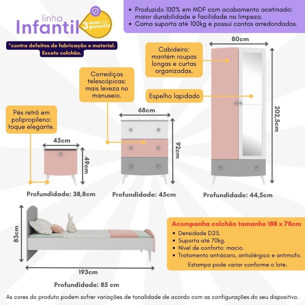 Quarto Infantil Completo com Colchão Incluso Doçura Multimóveis MP4332 Branco/Cinza/Rosa