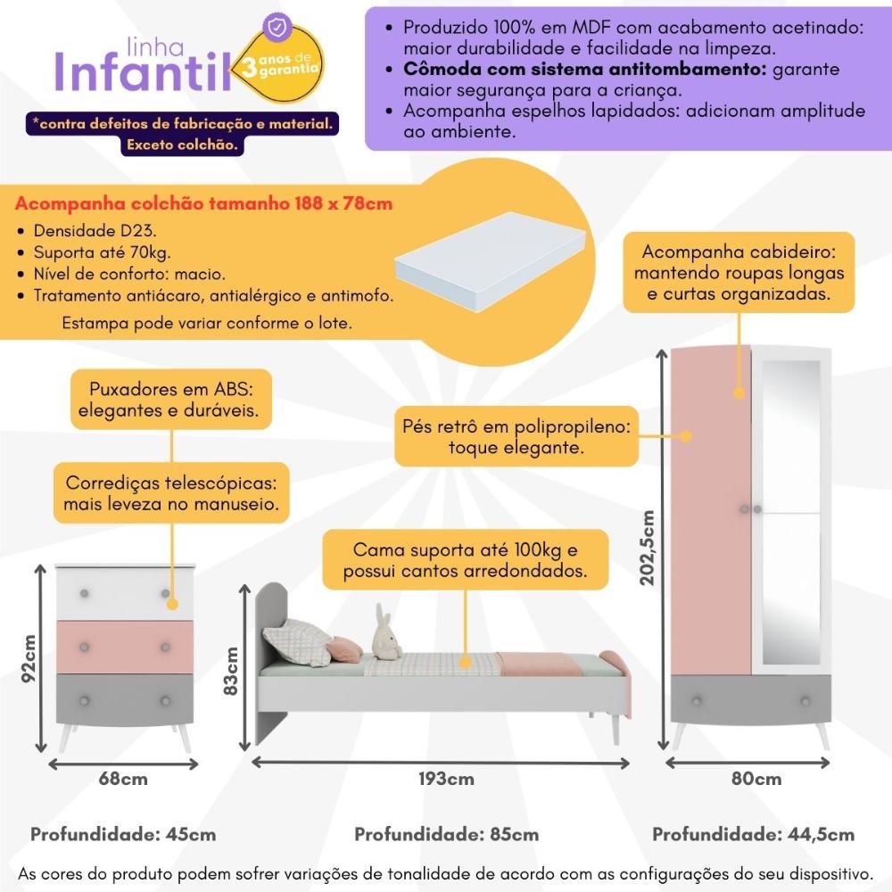 Quarto Infantil Completo com Colchão Incluso Doçura Multimóveis MP4333 Branco/Cinza/Rosa