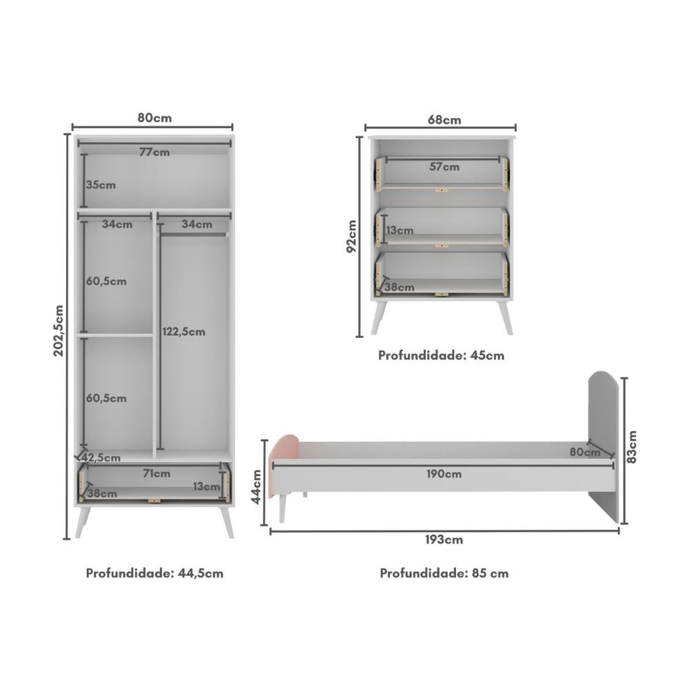 Quarto Infantil Completo com Colchão Incluso Doçura Multimóveis MP4333 Branco/Cinza/Rosa