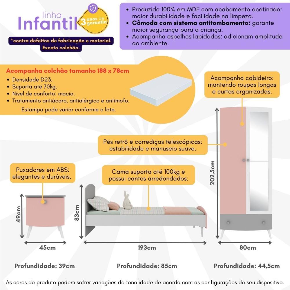 Quarto Infantil Completo com Colchão Incluso Doçura Multimóveis MP4334 Branco/Cinza/Rosa