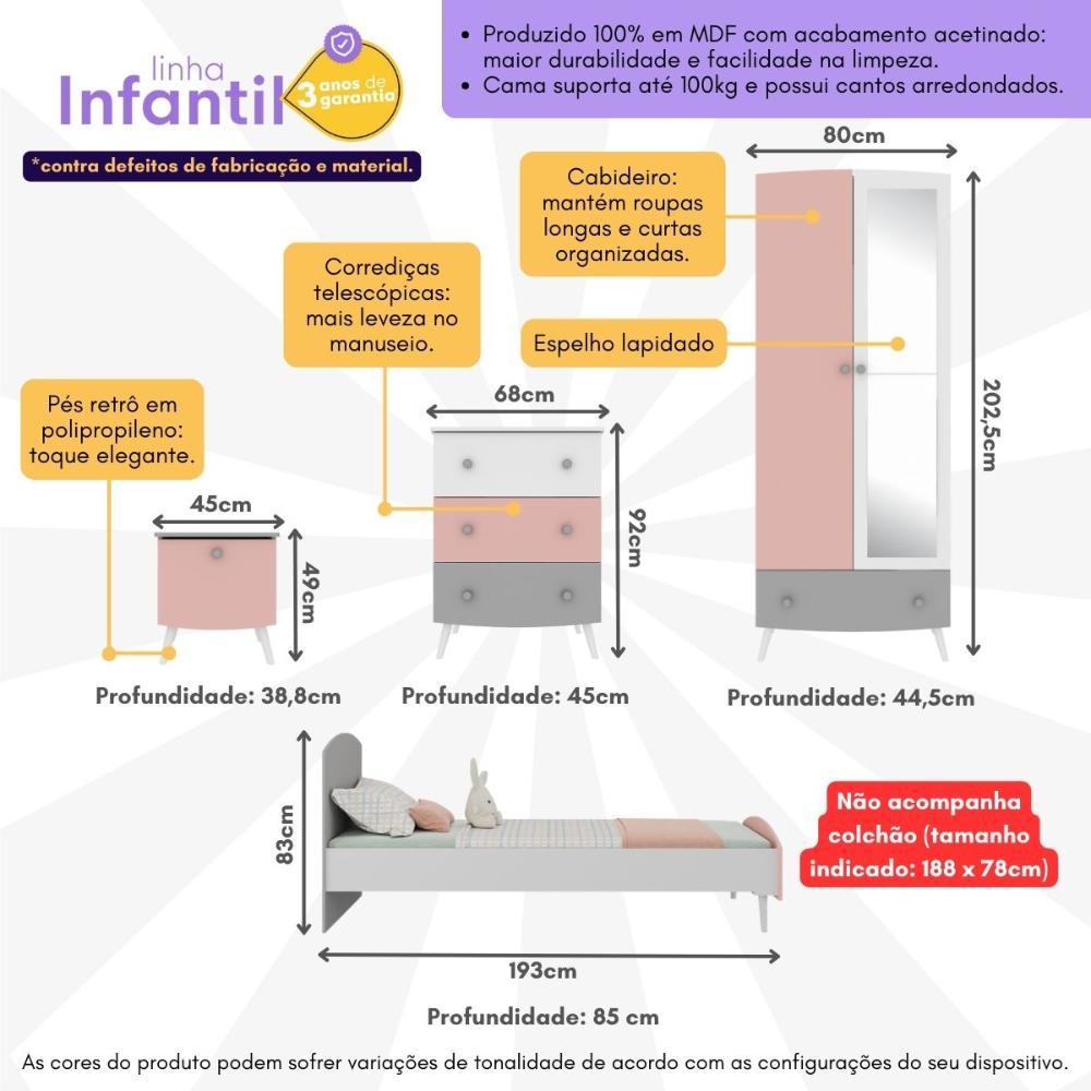 Quarto Infantil Completo para Colchão 188x78cm Doçura Multimóveis MP4329 Branco/Cinza/Rosa