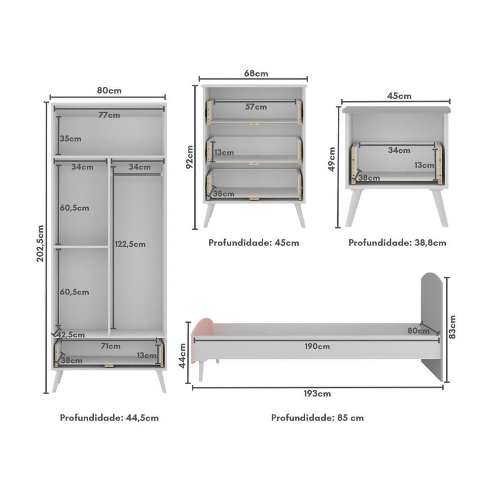 Quarto Infantil Completo para Colchão 188x78cm Doçura Multimóveis MP4329 Branco/Cinza/Rosa