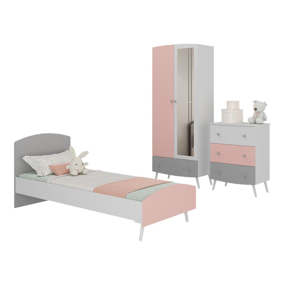 Quarto Infantil Completo para Colchão 188x78cm Doçura Multimóveis MP4330 Branco/Cinza/Rosa