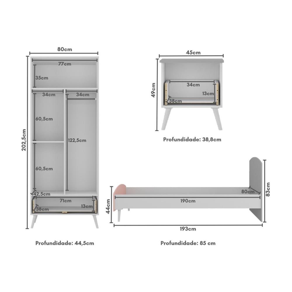 Quarto Infantil Completo para Colchão 188x78cm Doçura Multimóveis MP4331 Branco/Cinza/Rosa