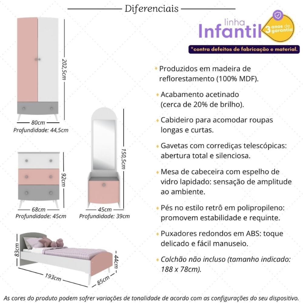 Quarto Infantil Completo para Colchão 78x188cm Doçura Multimóveis MP4376 Branco/Cinza/Rosa