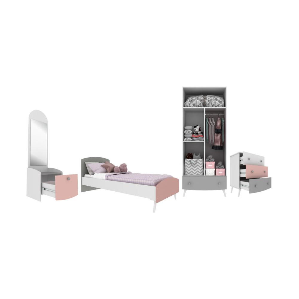 Quarto Infantil Completo para Colchão 78x188cm Doçura Multimóveis MP4376 Branco/Cinza/Rosa