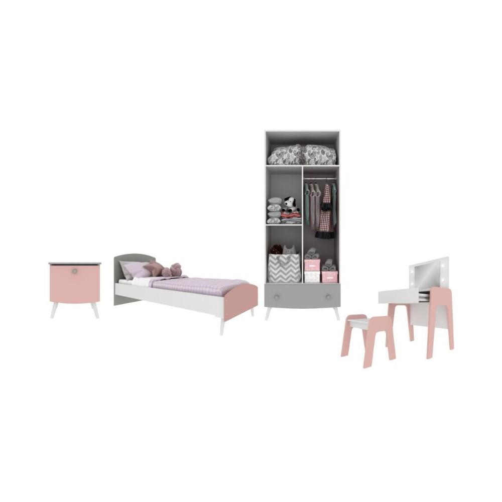 Quarto Infantil Completo para Colchão 78x188cm com Penteadeira Doçura Multimóveis MP4341 Branco/Cinza/Rosa