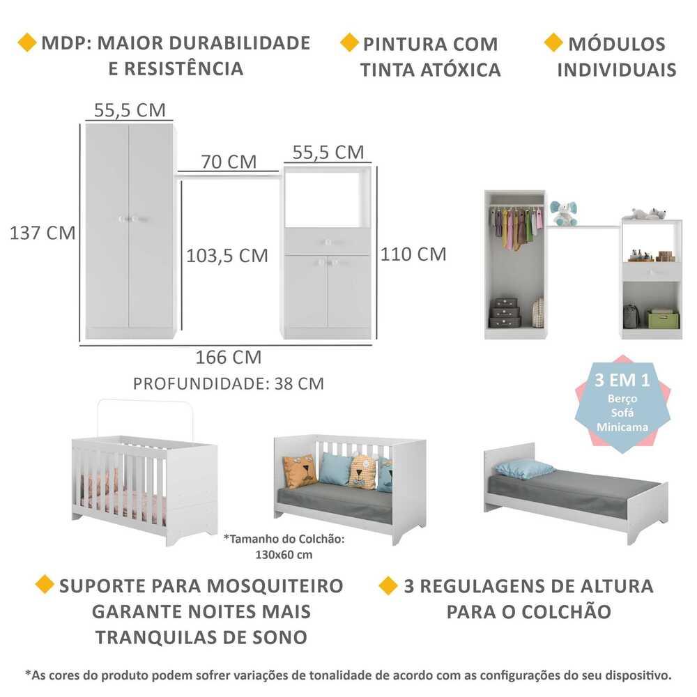 Quarto Infantil com Berço 3 em 1 Luíza Multimóveis Branco