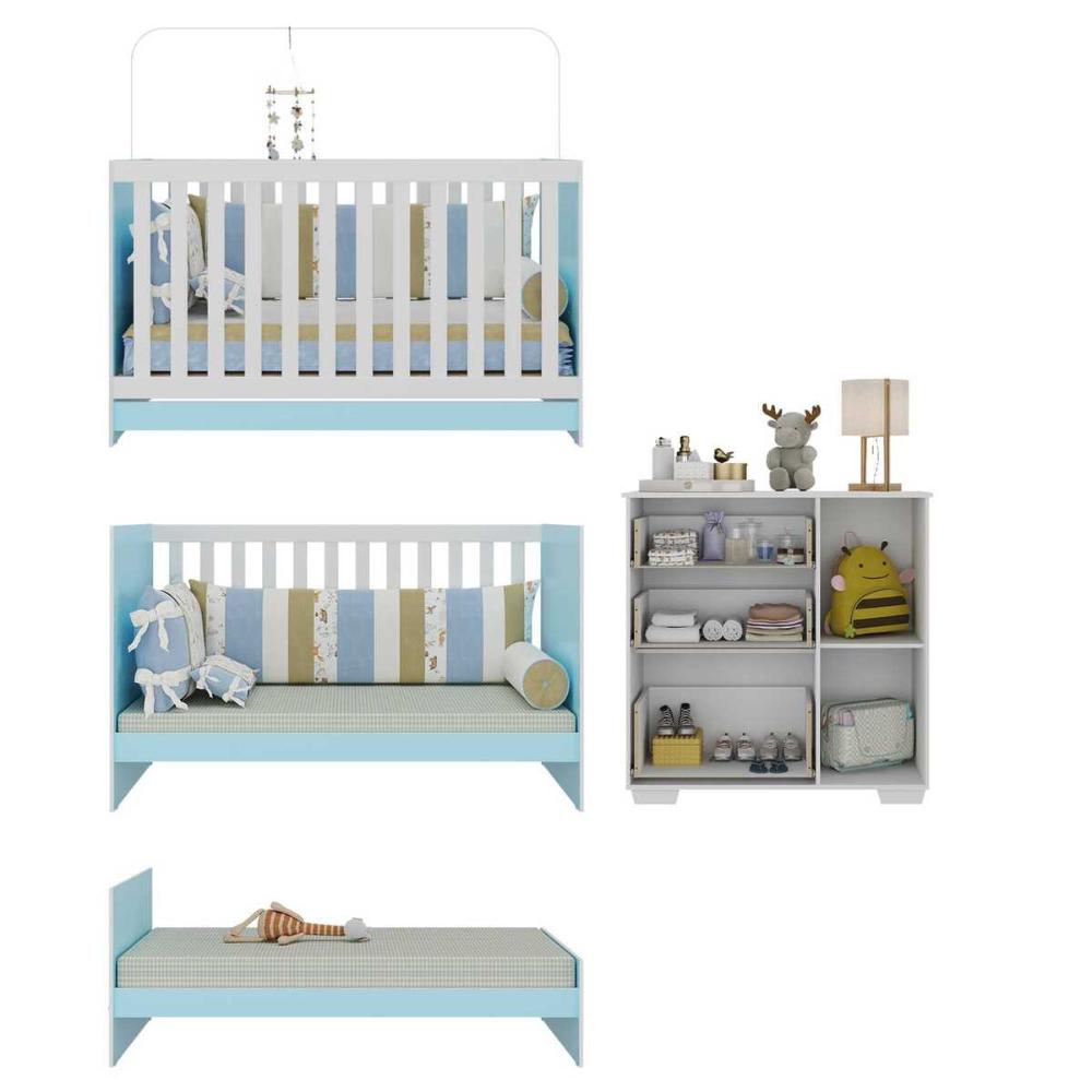 Quarto Infantil com Berço 3 em 1 e Cômoda Algodão Doce Multimóveis MP4249 Branco/Azul