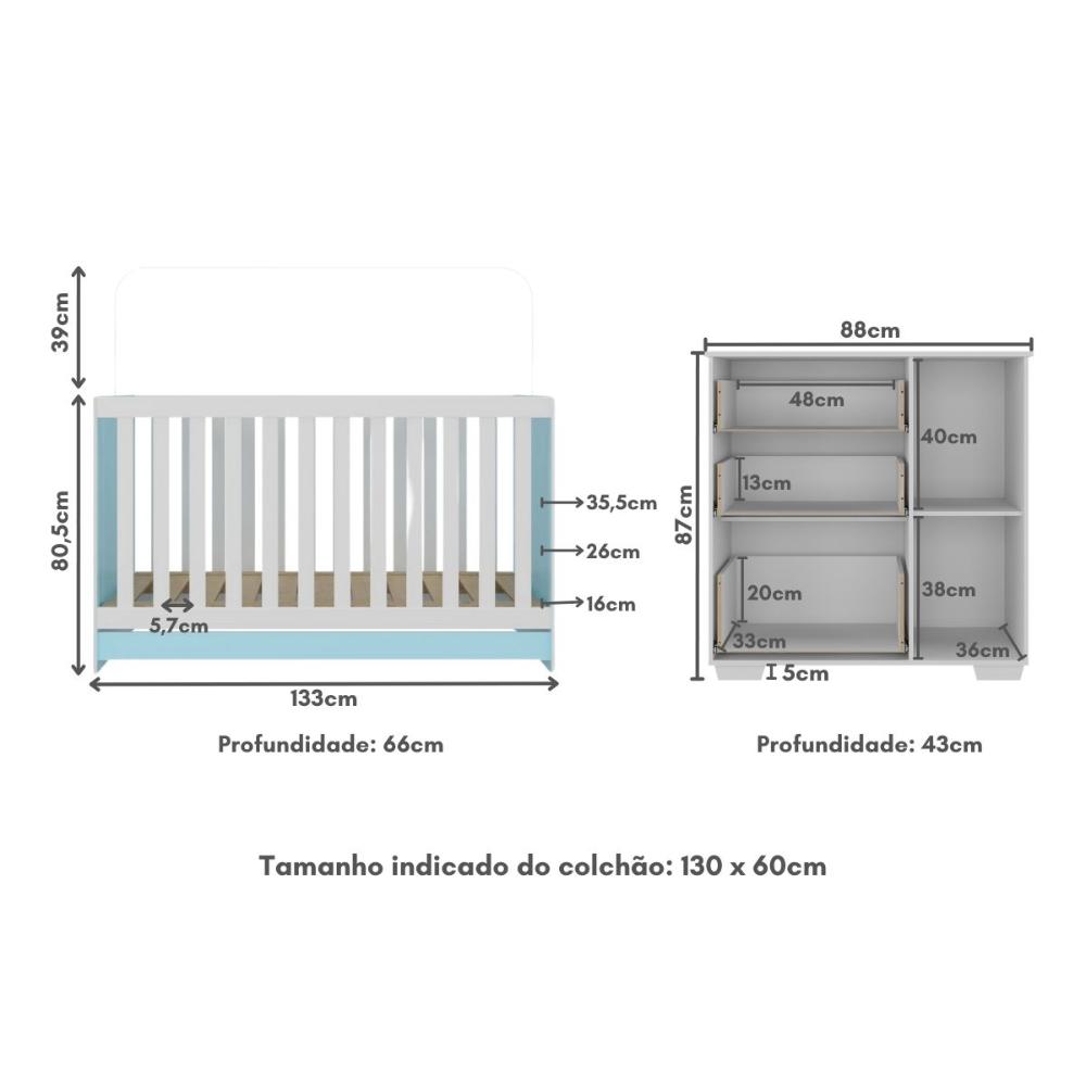 Quarto Infantil com Berço 3 em 1 e Cômoda Algodão Doce Multimóveis MP4249 Branco/Azul