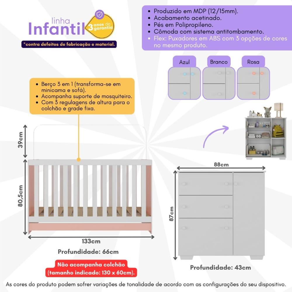 Quarto Infantil com Berço 3 em 1 e Cômoda Algodão Doce Multimóveis MP4249 Branco/Rosa