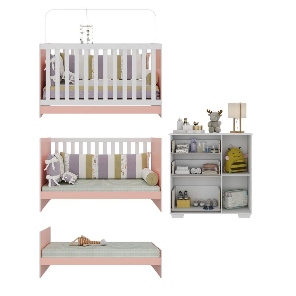 Quarto Infantil com Berço 3 em 1 e Cômoda Algodão Doce Multimóveis MP4249 Branco/Rosa