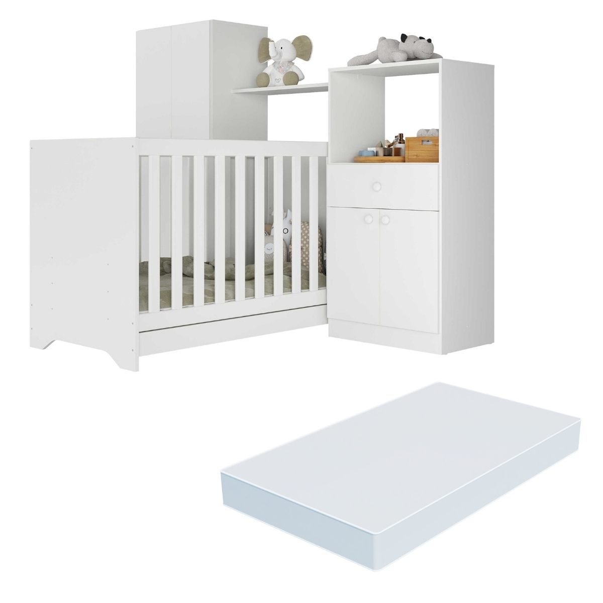 Quarto Infantil com Berço 3 em 1 e Colchão Incluso Luíza Multimóveis Branco