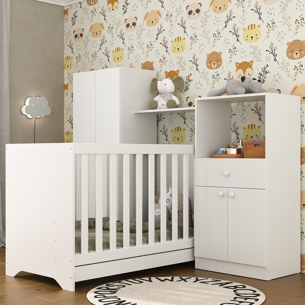 Quarto Infantil com Berço 3 em 1 e Colchão Incluso Luíza Multimóveis Branco