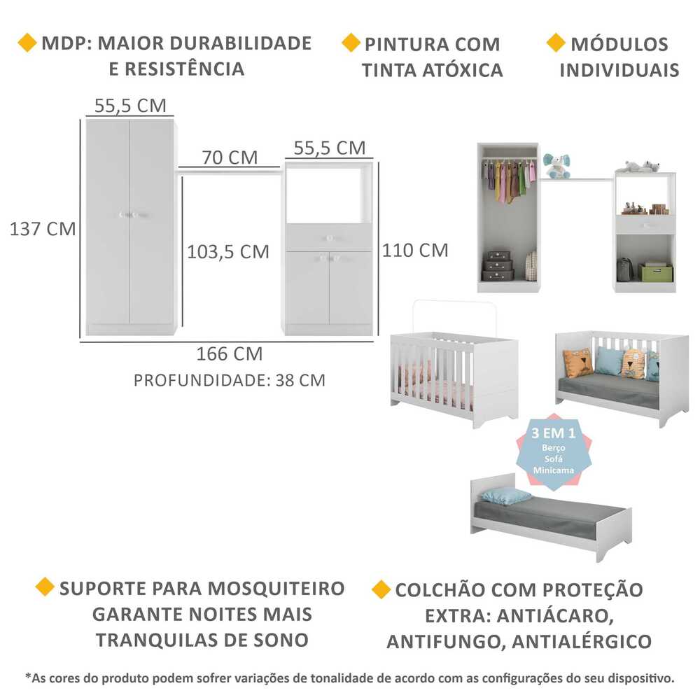 Quarto Infantil com Berço 3 em 1 e Colchão Incluso Luíza Multimóveis Branco