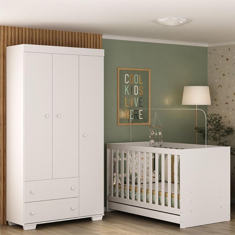 Quarto Infantil com Berço 3 em 1 e Guarda-Roupas Algodão Doce Multimóveis MP4247 Branco