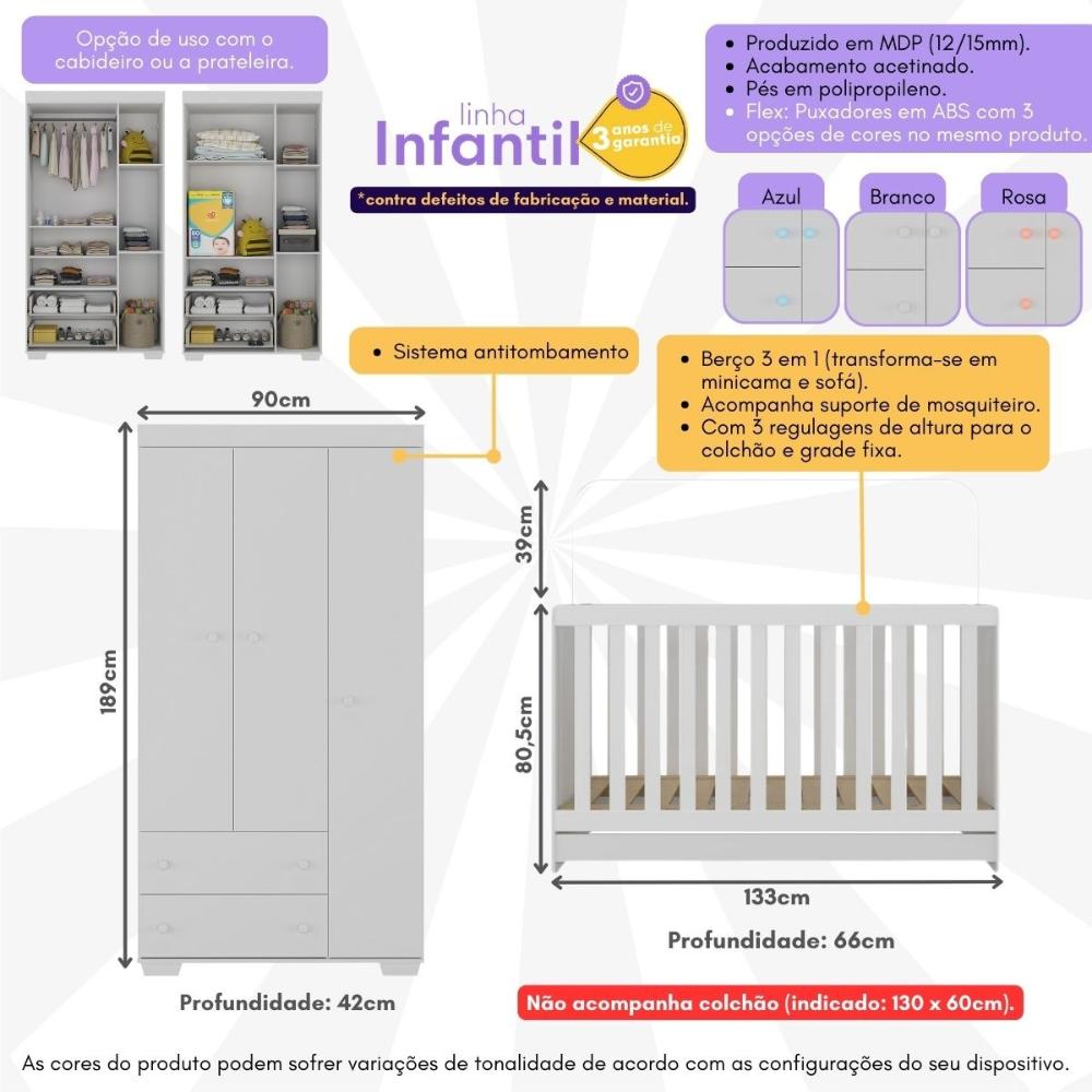 Quarto Infantil com Berço 3 em 1 e Guarda-Roupas Algodão Doce Multimóveis MP4247 Branco