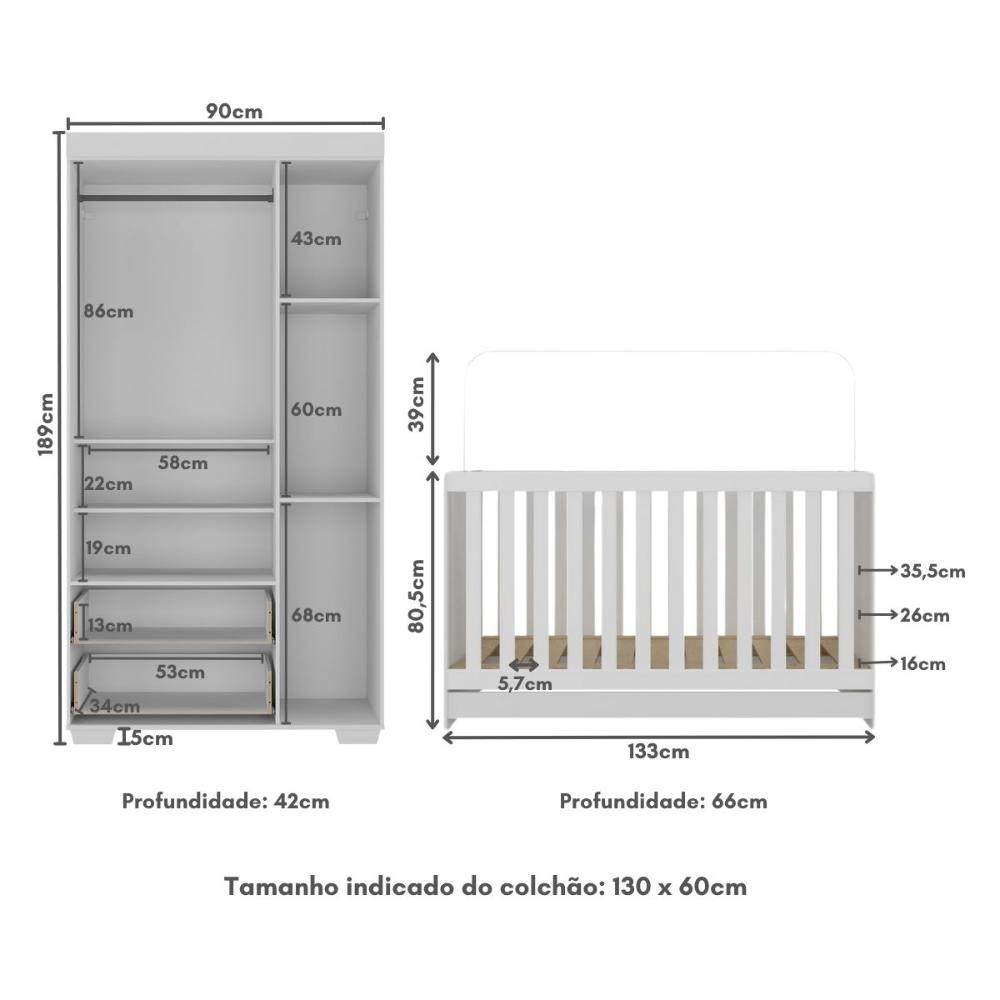 Quarto Infantil com Berço 3 em 1 e Guarda-Roupas Algodão Doce Multimóveis MP4247 Branco