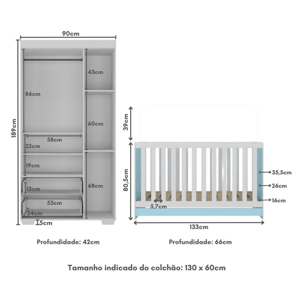 Quarto Infantil com Berço 3 em 1 e Guarda-Roupas Algodão Doce Multimóveis MP4247 Branco/Azul