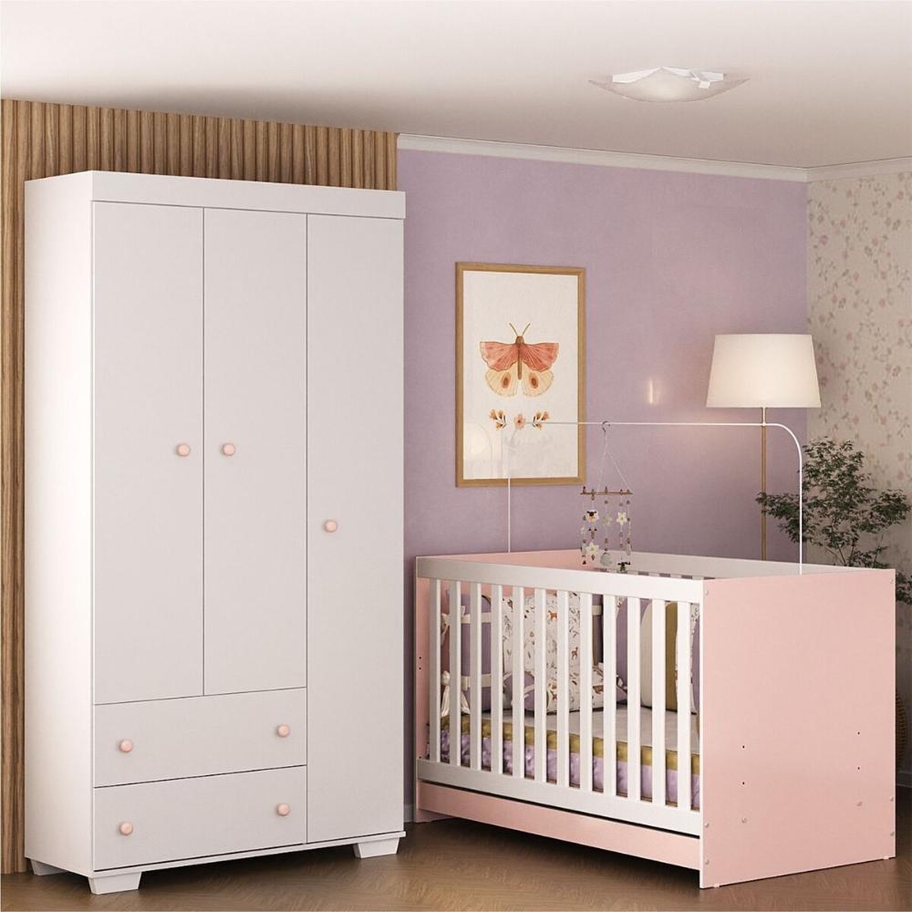 Quarto Infantil com Berço 3 em 1 e Guarda-Roupas Algodão Doce Multimóveis MP4247 Branco/Rosa