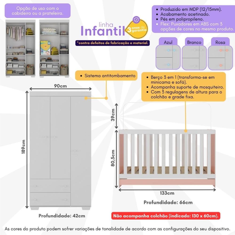 Quarto Infantil com Berço 3 em 1 e Guarda-Roupas Algodão Doce Multimóveis MP4247 Branco/Rosa