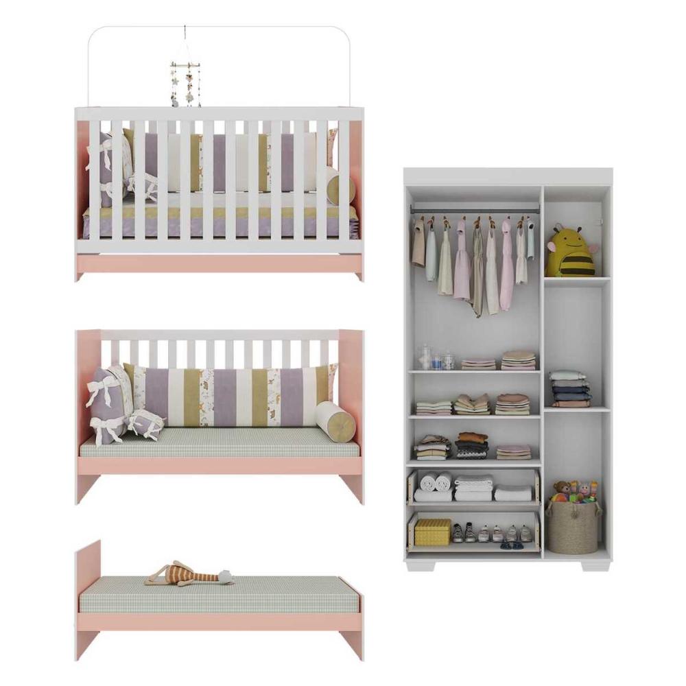 Quarto Infantil com Berço 3 em 1 e Guarda-Roupas Algodão Doce Multimóveis MP4247 Branco/Rosa