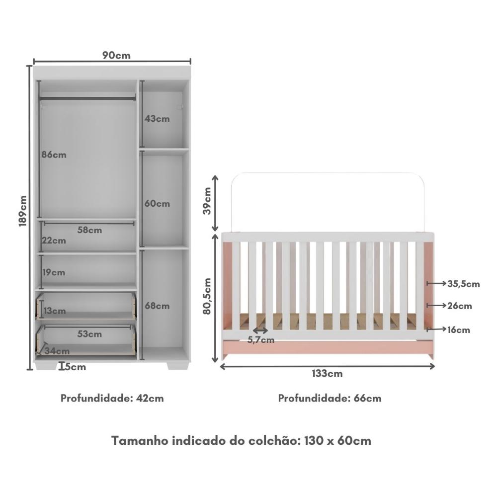 Quarto Infantil com Berço 3 em 1 e Guarda-Roupas Algodão Doce Multimóveis MP4247 Branco/Rosa