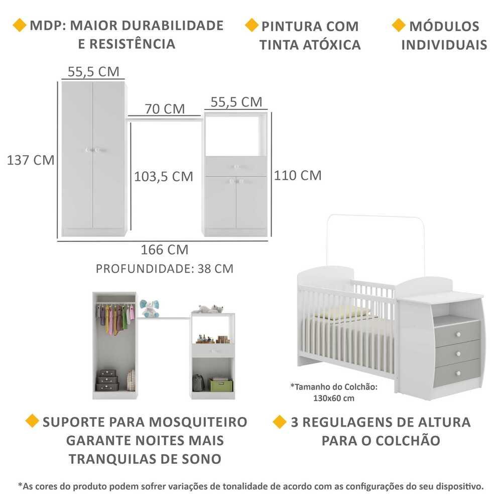 Quarto Infantil com Berço-Cômoda Laura Multimóveis Branco/Cinza