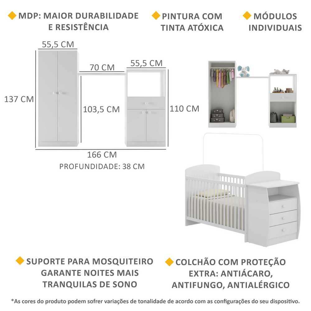 Quarto Infantil com Berço-Cômoda e Colchão Incluso Laura Multimóveis Branco