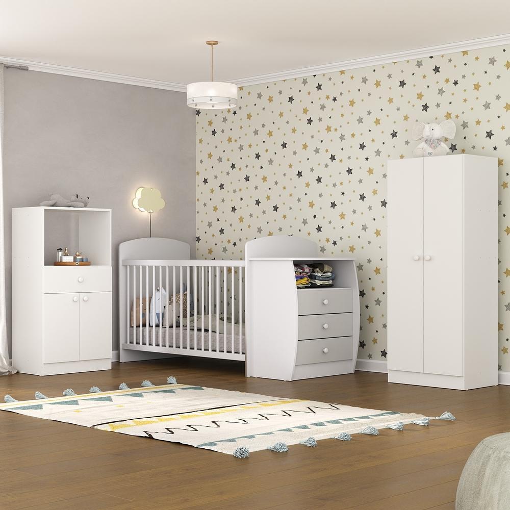 Quarto Infantil com Berço-Cômoda e Colchão Incluso Laura Multimóveis Branco/Cinza