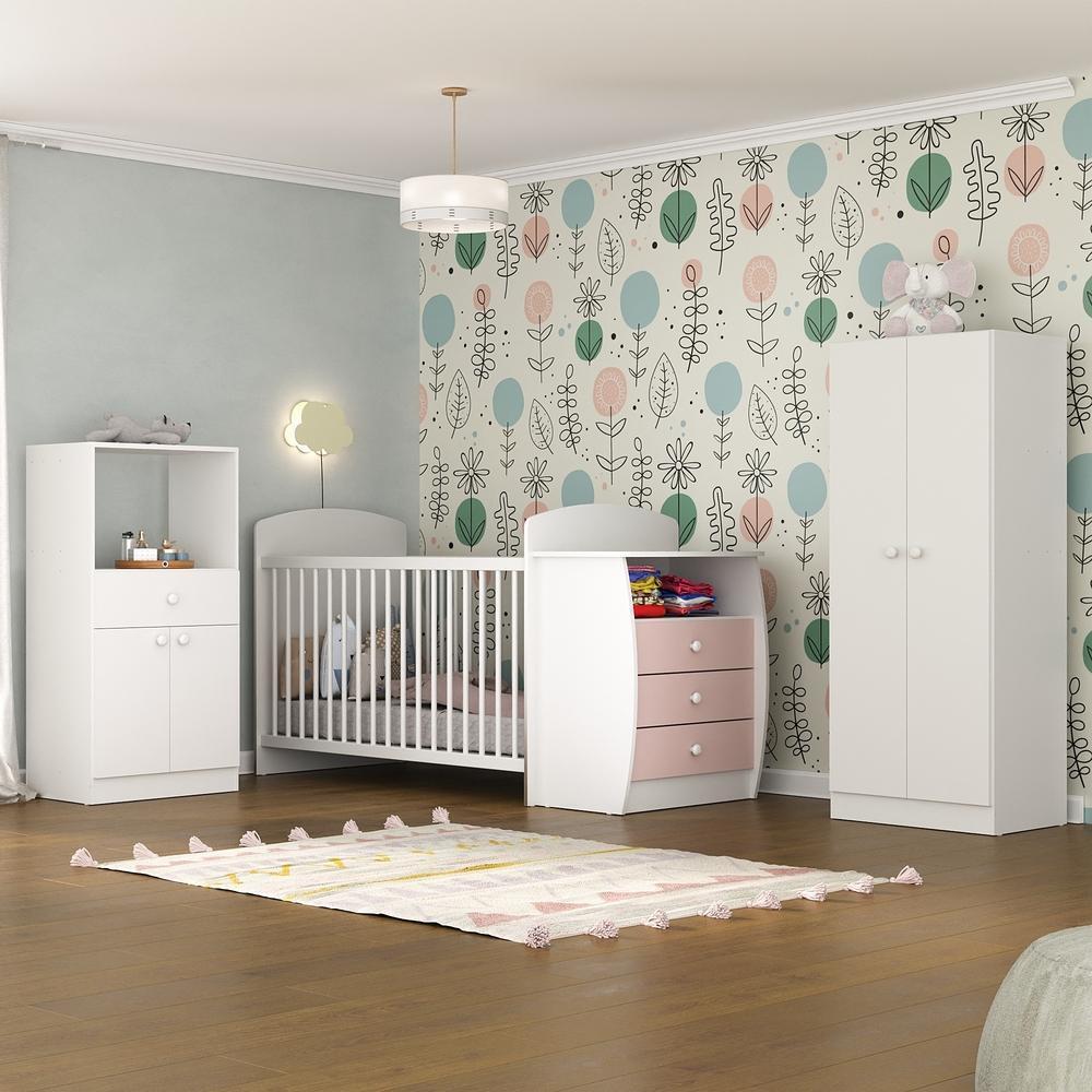 Quarto Infantil com Berço-Cômoda e Colchão Incluso Laura Multimóveis Branco/Rosa