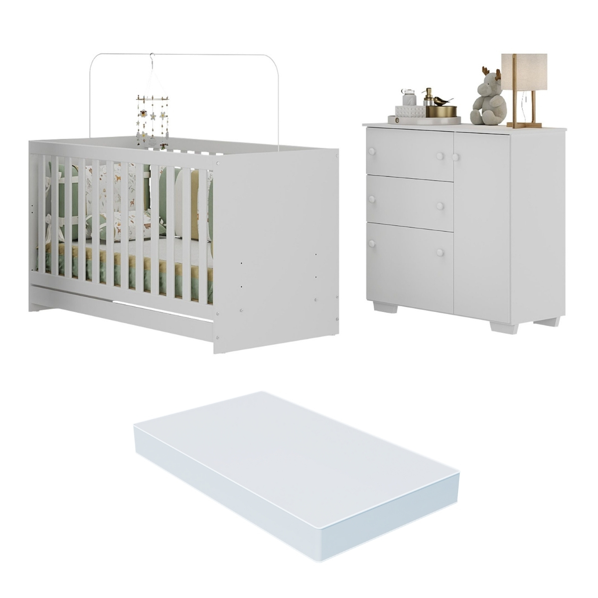 Quarto Infantil com Berço Colchão Incluso e Cômoda Algodão Doce Multimóveis MP4250 Branco